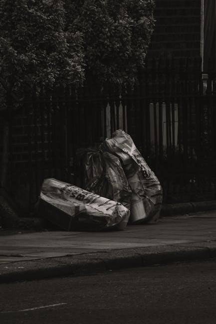 A clear view of a plastic rubbish bag placed on a paved driveway, with a background of a garden area featuring a wooden fence and green foliage. The black bag appears to be filled with household waste